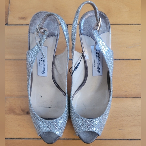 Jimmy Choo Silver Peep-Toe Slingback Heels - Picture 7 of 8